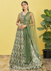 Embroidered Chinnon Lehenga in Green
